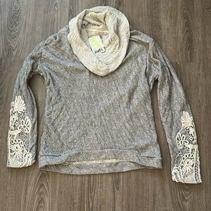 NEW Anthropologie Bordeaux Cowl Neck Sweatshirt Lace Sleeves Large